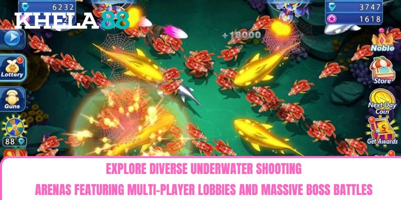 Explore diverse underwater shooting arenas featuring multi-player lobbies and massive boss battles Explore diverse underwater shooting arenas featuring multi-player lobbies and massive boss battles
